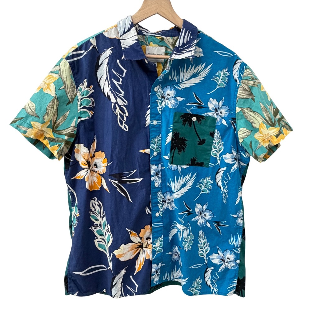 American Eagle Button Down Shirt XL Blue Tropical Hawaiian Colorblock